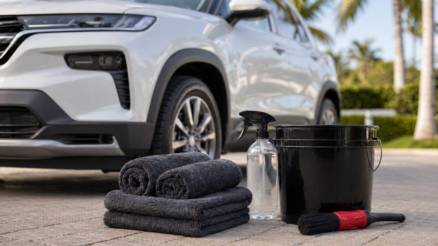 Professional detailing supplies arranged beside a vehicle in a residential driveway