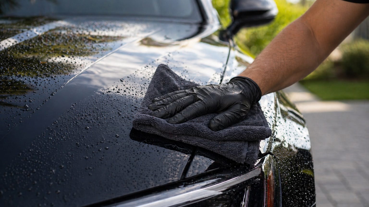 Gloved hands detailing glossy car paint outdoors