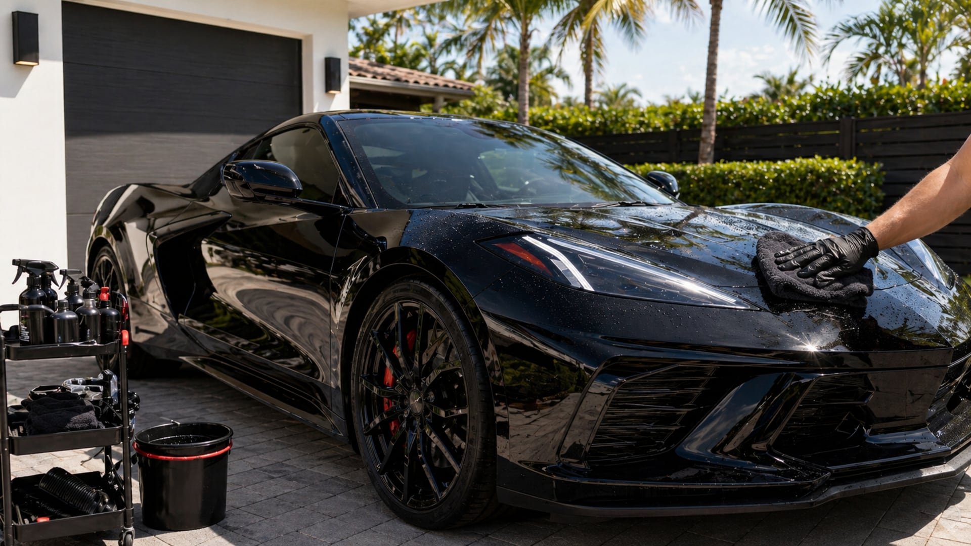 Outdoor sports car detailing in a Miami residential driveway