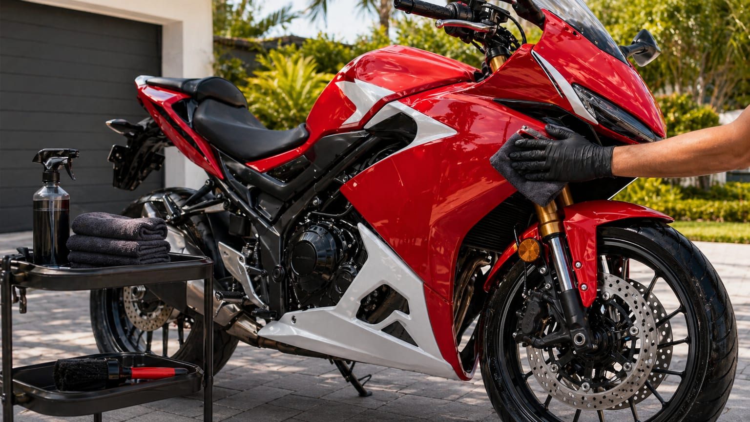 Red and white sport motorcycle detailing preview
